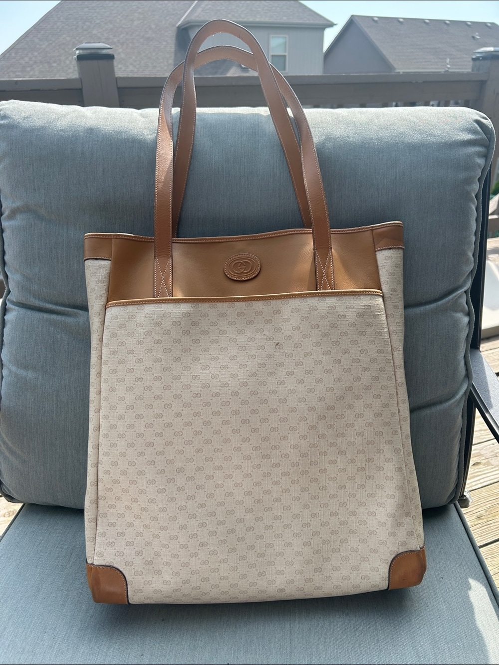 Vintage Gucci Tan and Cream  Canvas Tote Bag with Leather Trim